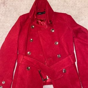 Red pea coat with belt from Wilson’s leather